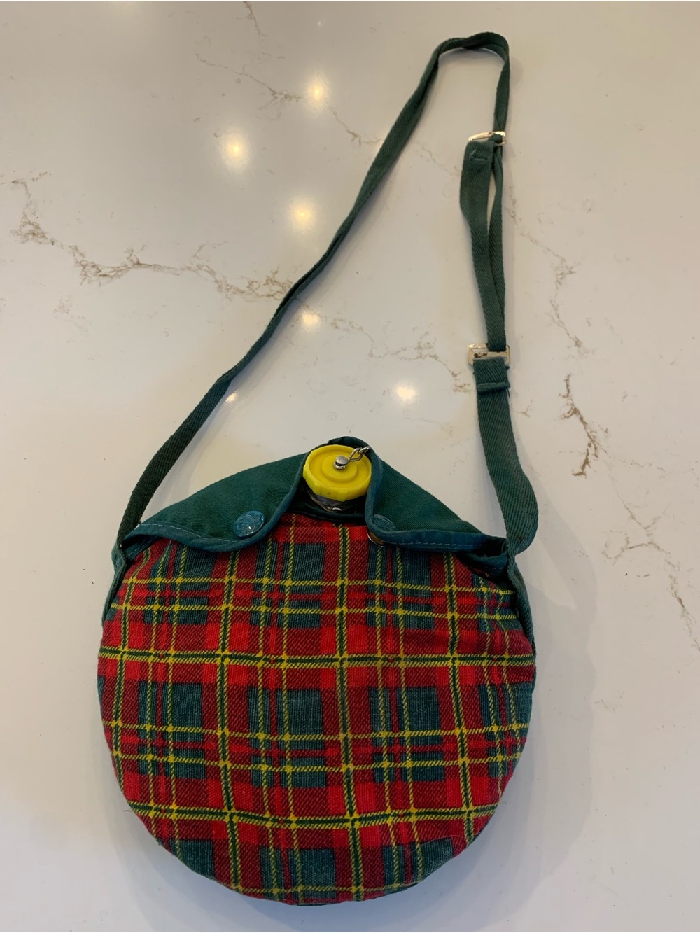 Vintage Girl Scouts Canteen  Aluminum w/ Red and Green Checkered Case.